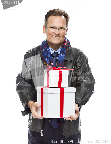 Image of Man Wearing Black Leather Jacket Holding Christmas Gifts on Whit