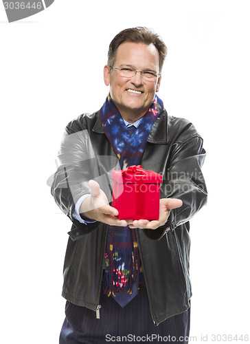 Image of Man Wearing Black Leather Jacket Holding Christmas Gift on White