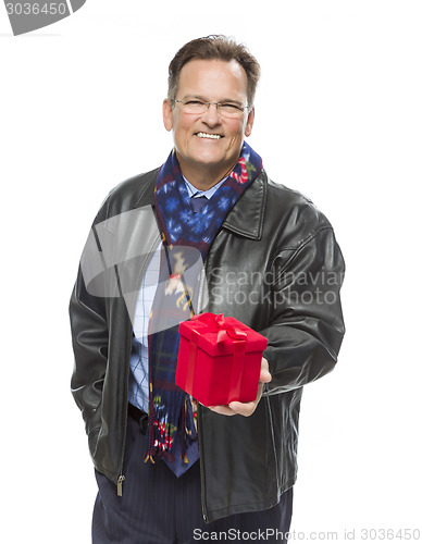 Image of Man Wearing Black Leather Jacket Holding Christmas Gift on White