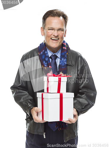 Image of Man Wearing Black Leather Jacket Holding Christmas Gifts on Whit