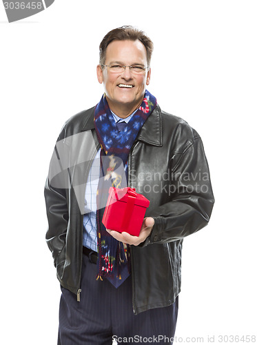 Image of Man Wearing Black Leather Jacket Holding Christmas Gift on White