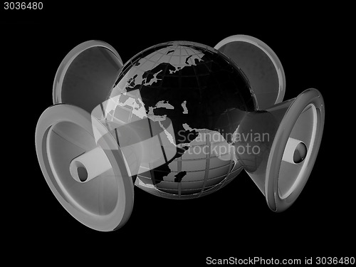 Image of Megaphone and earth.Isolated on black background.3d rendered