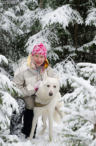 Image of The woman with a dog on walk in a winter wood