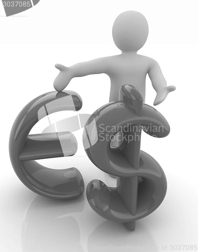 Image of 3d people - man, person presenting - dollar and euro sign