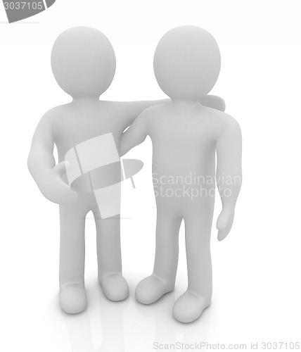 Image of Friends standing next to an embrace. 3d image. Isolated white ba