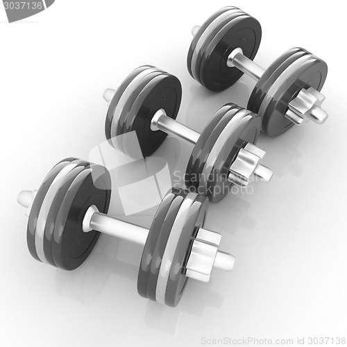 Image of Colorful dumbbells on a white background