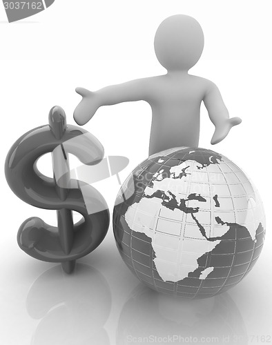 Image of 3d people - man, person presenting - dollar with global concept 