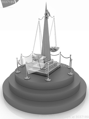 Image of Gold scales of justice on 3d carpeting podium with gold handrail