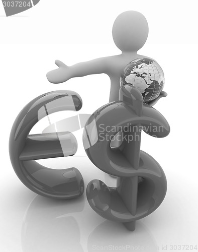 Image of 3d people - man, person presenting - euro and dollar with global