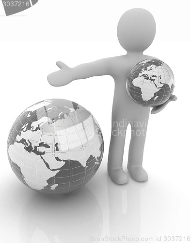 Image of 3d people - man, person presenting - pointing. Global concept wi