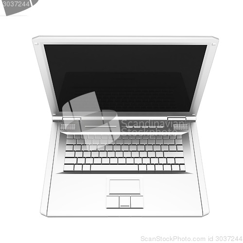 Image of Laptop computer with black screen. View from top close-up