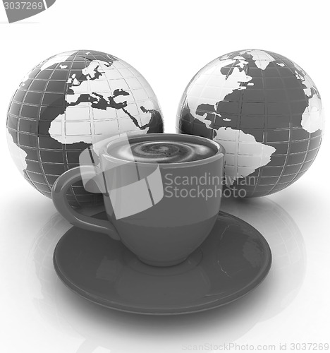 Image of Mug of coffee with milk. Global concept with Earth
