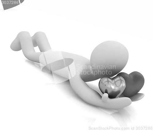 Image of 3D human lying and holds hearts