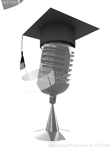 Image of New 3d concept of education with microphone and graduation hat