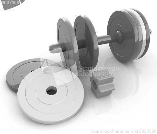 Image of Colorful dumbbells are assembly and disassembly on a white backg