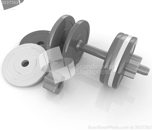 Image of Colorful dumbbells are assembly and disassembly on a white backg