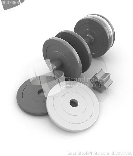 Image of Colorful dumbbells are assembly and disassembly on a white backg