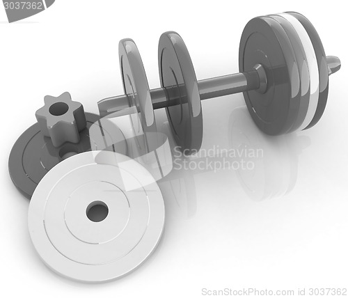 Image of Colorful dumbbells are assembly and disassembly on a white backg