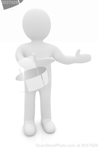Image of Happy 3d business man showing copy space, isolated on white 
