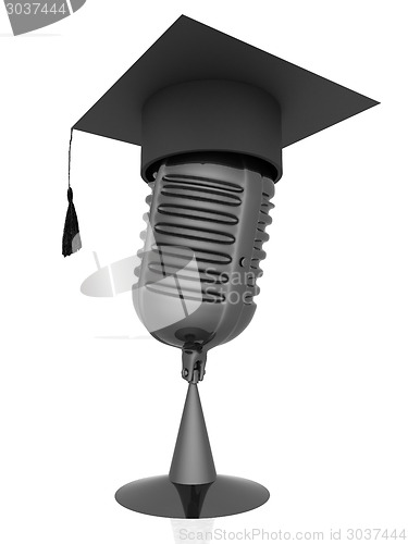 Image of New 3d concept of education with microphone and graduation hat