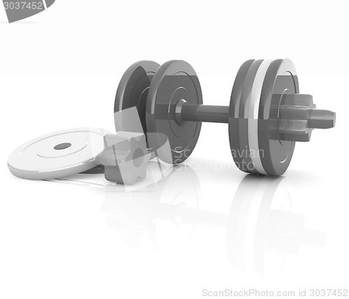 Image of Colorful dumbbells are assembly and disassembly on a white backg