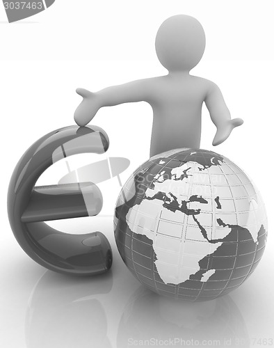Image of 3d people - man, person presenting - euro with global concept wi