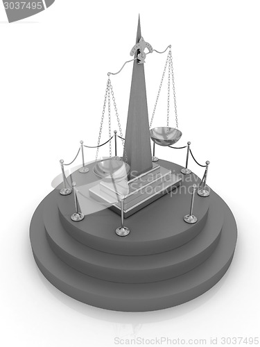 Image of Gold scales of justice on 3d carpeting podium with gold handrail