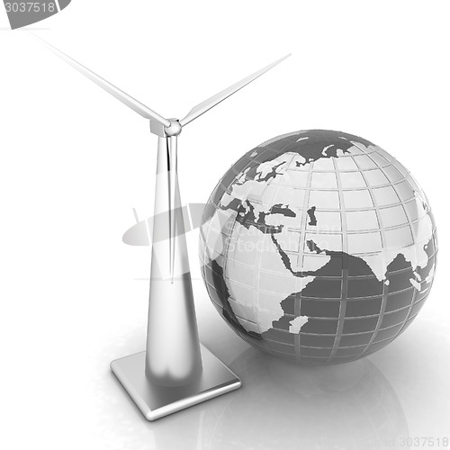 Image of Wind turbine isolated on white. Global concept with eart