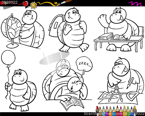 Image of school turtle set cartoon coloring page