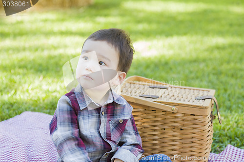Image of Young Mixed Race Boy Sitting in Park Near Picnic Basket
