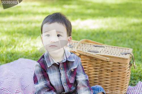 Image of Young Mixed Race Boy Sitting in Park Near Picnic Basket