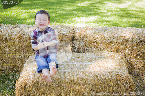 Image of Cute Young Mixed Race Boy Having Fun on Hay Bale
