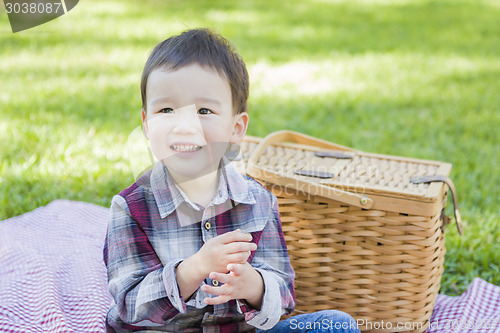 Image of Young Mixed Race Boy Sitting in Park Near Picnic Basket