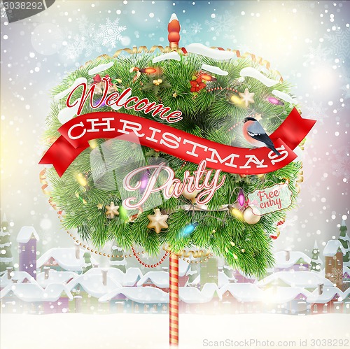 Image of Wooden banner with Christmas Fur-tree branches.