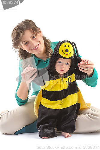 Image of baby boy dressed up like bee 