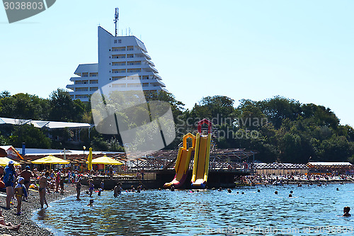 Image of The Gold Bay beach in Anapa in the summer in a sunny weather.