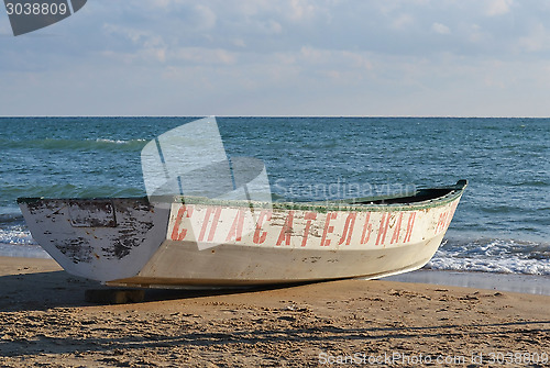 Image of The white lifeboat on the bank of the Black Sea.