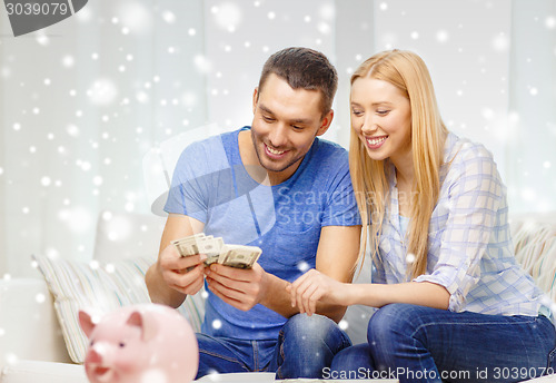 Image of smiling couple counting money at home