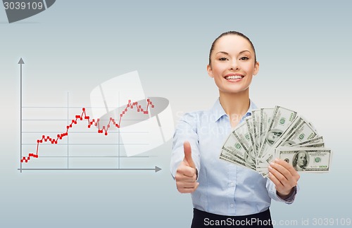 Image of young businesswoman with dollar cash money