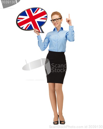 Image of smiling woman with text bubble of british flag