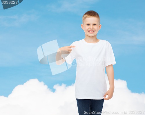 Image of smiling little boy in white blank t-shirt