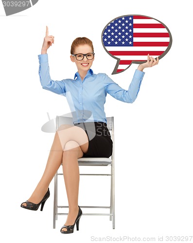 Image of smiling woman with text bubble of american flag