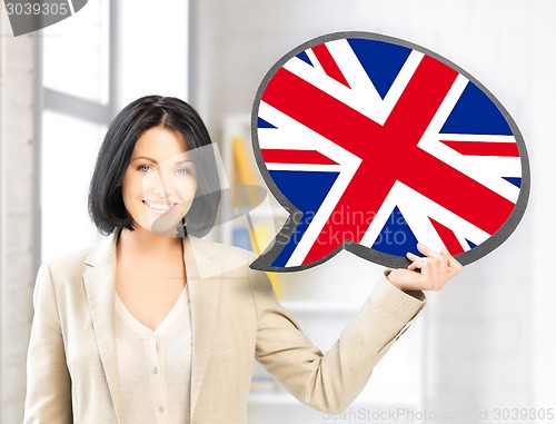 Image of smiling woman with text bubble of british flag