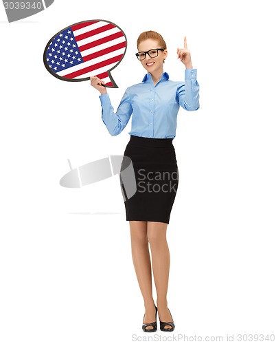 Image of smiling woman with text bubble of american flag