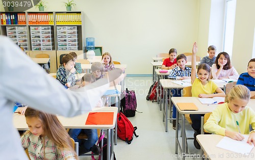 Image of group of school kids raising hands in classroom