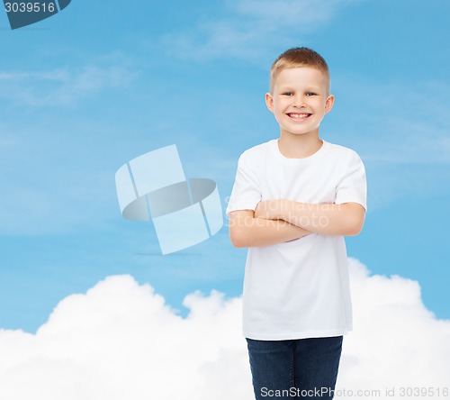 Image of smiling little boy in white blank t-shirt