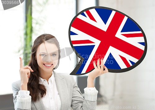 Image of smiling woman with text bubble of british flag