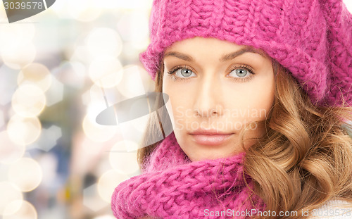 Image of close up of young woman in winter clothes