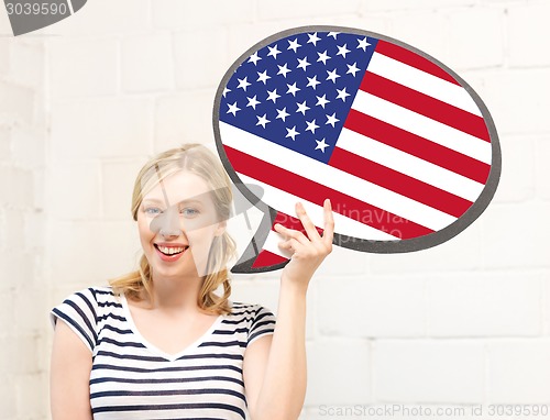 Image of smiling woman with text bubble of american flag