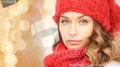 Image of close up of young woman in winter clothes